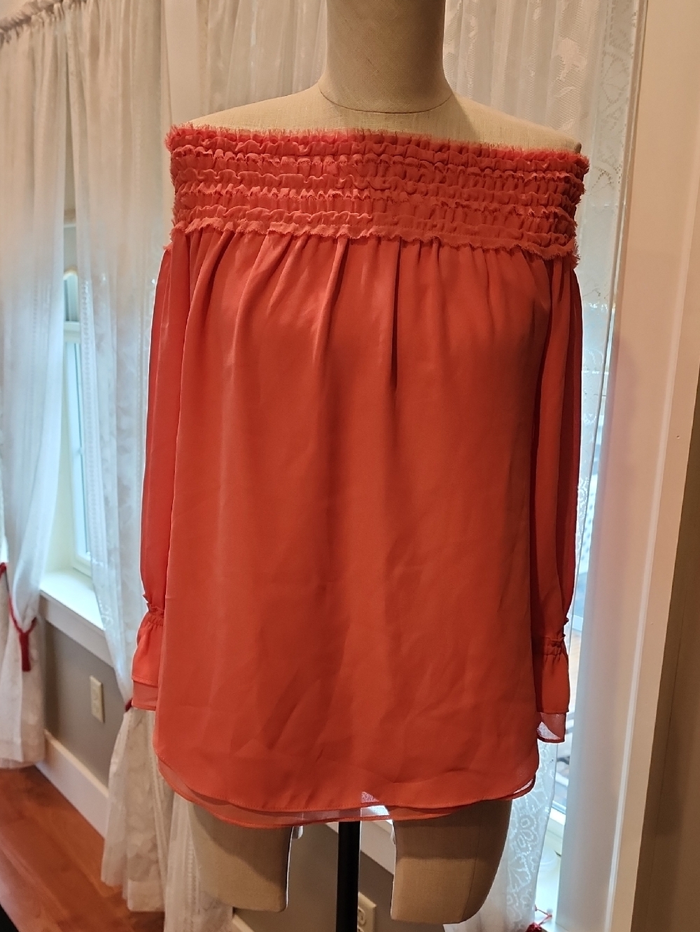 White House Black Market Coral Off-Shoulder Smocked Top